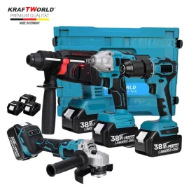 Комплект акумулаторни перфоратор, ъглошлайф 125мм, гайковерт и винтоверт с 3 батерии 38V, 10aH, KraftWorld 