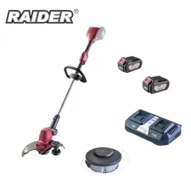 Акумулаторен тример Raider RDP-SCBC20, 2x 20V+ 2 бр. Акумулаторна батерия Raider + Двойно зарядно устройство Raider R20 + Корда с макара и капачка Raider
