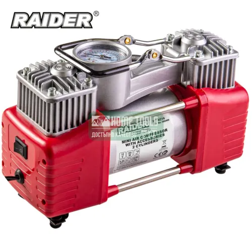 Метален компресор RAIDER RD-AC14 12V DC, 300 W, 70 л/мин, с 2 цилиндъра и аксесоари