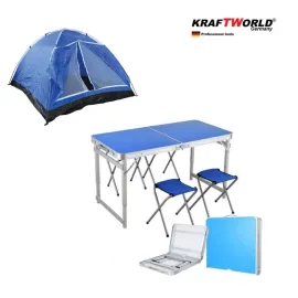 Комплект от 4 броя столове със сгъваема алуминиева маса 120 х 60 см. и четириместна палатка 200Х120Х100см за пикник къмпинг, градина, тераса, двор и излет.