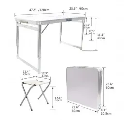 Комплект от 4 броя столове със сгъваема алуминиева маса 120 х 60 см. и четириместна палатка 200Х120Х100см за пикник къмпинг, градина, тераса, двор и излет.