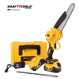 Немски Акумулаторен Мини Трион за Клони KraftWorld с 2 Батерии 38V 10 Ah с Автоматично Смазване и Подарък 2-ра Верига