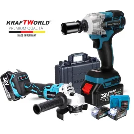 Комплект комбиниран ударен гайковерт и безчетков ъглошлайф, Kraftworld, 38V 8 Ah Комплект комбиниран ударен гайковерт и безчетков ъглошлайф, Kraftworld, 38V 8 Ah