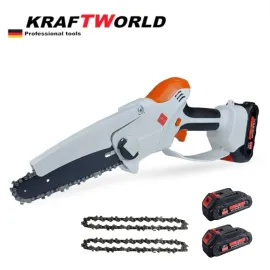 Aкумулаторна мини резачка, 15см, KraftWorld, в комплект с 2бр вериги и 2бр 36V, 8AH батерии