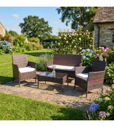 Ратанов Комплект Градински Мебели "Макси" – 4 Части с Водоустойчиви Възглавници
