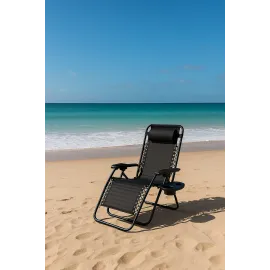 Сгъваем къмпинг стол-шезлонг с поставка за чаши и телефон Сгъваем къмпинг стол-шезлонг с поставка за чаши и телефон