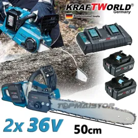 Немска акумулаторна резачка за дърва KraftWorld 2х 36V 8Ah, верижен трион с двойна батерия
