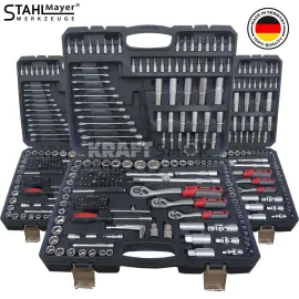 НОВ УСИЛЕН МОДЕЛ Немски Куфар с Инструменти 216ч Stahl Mayer Гедоре с 3бр Тресчотка и Звездогаечни Ключове 8-22