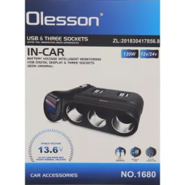 Разклонител за запалка Olesson , 3 гнезда, 4 USB, вграден ВОЛТМЕТЪР Разклонител за запалка Olesson , 3 гнезда, 4 USB, вграден ВОЛТМЕТЪР