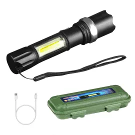 Фенер с COB LED светлина, зуум, 3 режима на работа, USB зареждане и кутийка за съхранение Фенер с COB LED светлина, зуум, 3 режима на работа, USB зареждане и кутийка за съхранение